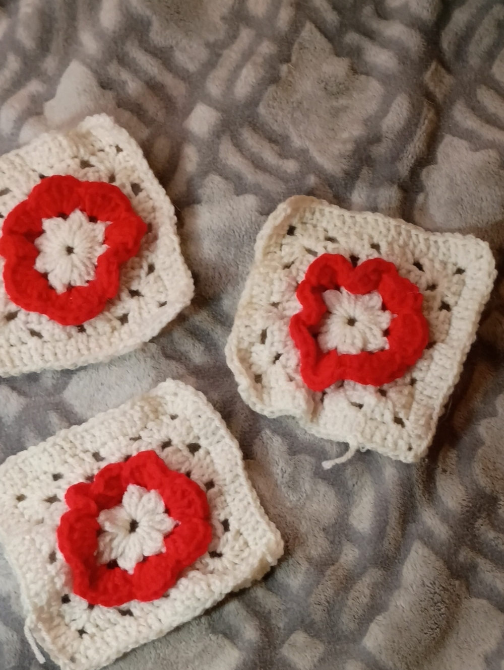 Source Unknown Cream and Red Crochet Flower Granny Squares Set